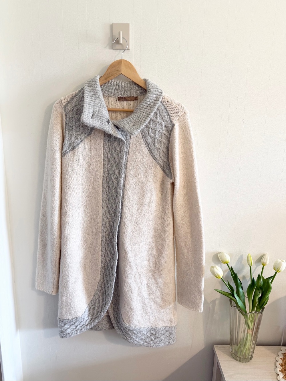 PrAna Longline Cable Knit Cardigan Sweater Women’s Large Ivory Gray